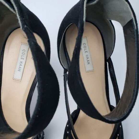 Cole Haan Black Suede Heels Stud Detail Size 10B Ankle Strap Cocktail Wedding - Picture 11 of 15